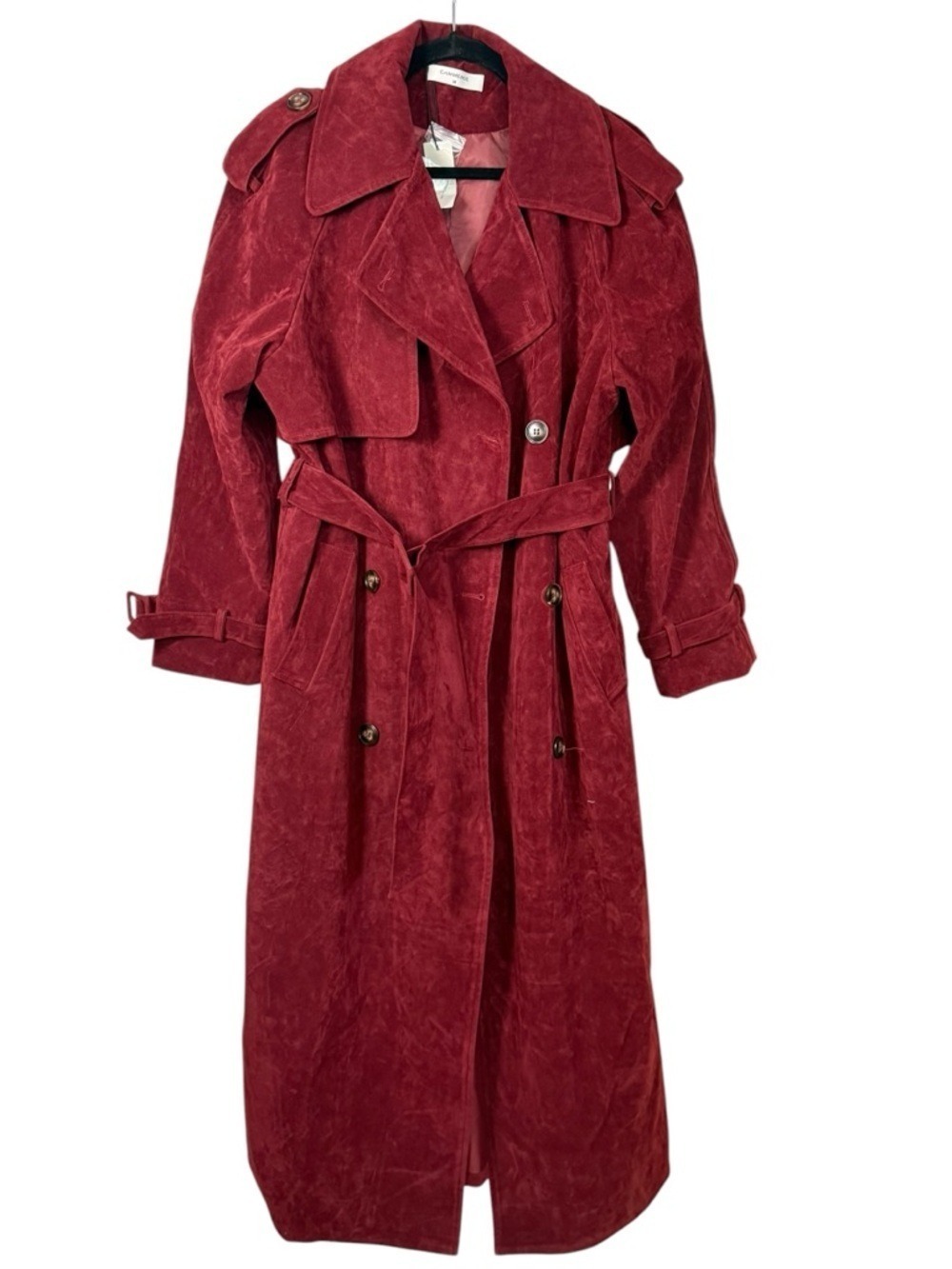 Commense Belted Double-Breasted Suede Effect Long Trench Coat - Picture 7 of 13